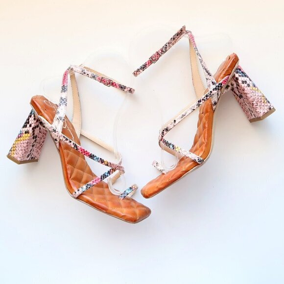 Jessica Simpson Snakeskin Toe Loop Square Toe Ankle Strap Block Heel Sandals - Picture 2 of 16